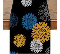 Snylcce 13x108 Inch Blue and Yellow Dahlia Pinnata Flower Table Runner - Modern Elegant Geometric Design with Pompon Accents - Black Linen Décor for Home Dining, Parties, and Entryways