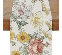Snylcce 13x108 Inch Floral Table Runner - Wildflower & Daisy Design, Elegant White Linen Spring & Summer Home Décor for Dining Tables, Parties, and Special Occasions