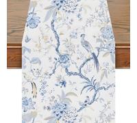 Snylcce 13x108 Inch Table Runner Blue White Bird Flower Chinoiserie Table Runners Modern Elegant Luxury Farmhouse Geometric Table Center White Linen Decor for Home Dining Party Entrance