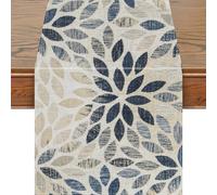 Snylcce 13x47 Inch Navy Blue Dahlia Table Runner - Elegant Pompon Floral Design, Modern Geometric Decor for Farmhouse Dining, Parties, and Home Entrances - White Linen Style