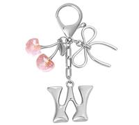 Snylcce A-Z Pink Crystal Cherry Keychain with Metal Bow, Personalized Initial Letter Keyring,Silver Cute Kawaii Bag Charms Accessories, Prime Gift for Women Girls Friends