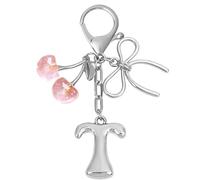 Snylcce A-Z Pink Crystal Cherry Keychain with Metal Bow, Personalized Initial Letter Keyring,Silver Cute Kawaii Bag Charms Accessories, Prime Gift for Women Girls Friends
