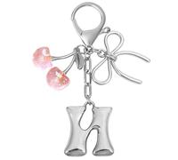 Snylcce A-Z Pink Crystal Cherry Keychain with Metal Bow, Personalized Initial Letter Keyring,Silver Cute Kawaii Bag Charms Accessories, Prime Gift for Women Girls Friends
