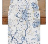 Snylcce Chinoiserie Table Runner 13x108 Inches Elegant Blue and White Bird & Flower Design Modern Geometric Linen Decor for Home, Dining, and Party Settings