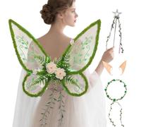 Snylcce Fairy Wing Costume Kit, Enchanted Butterfly Backpiece with Floral Garland, Elf Ears & Shimmer Tinsel for Festival Cosplay, Green Leaf Style