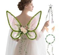 Snylcce Fairy Wings Costume Set, Butterfly Wing Back Decor with Floral Garland, Elf Ears & Sparkle Tinsel for Party Cosplay, Pink Leaf Design