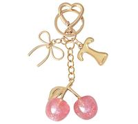 Snylcce Pink Cherry Bow Letter Keychain, Personalized A-Z Initial Keyring with Crystal Accent, Cute Kawaii Bag Charms for Women, Gift for Valentine's Birthday Christmas