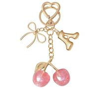Snylcce Pink Cherry Bow Letter Keychain, Personalized A-Z Initial Keyring with Crystal Accent, Cute Kawaii Bag Charms for Women, Gift for Valentine's Birthday Christmas