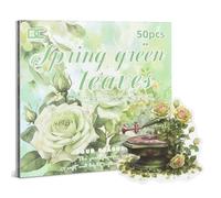 Snylcce Scrapbooking Supplies, Vintage Journaling - 25 Sheets PET & 25 Sheets Paper Stickers, DIY Craft Stickers for Junk Journals, Ephemera Sticker Book, Green Leaf Themes, Pre-Cut Designs