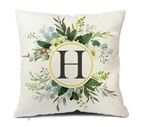Snylcee Monogram Letter H Throw Pillow Covers Floral 18x18 Inch, Greenery Spring Pillows Decorative Throw Pillows Pillowcase Summer Farmhouse Decor for Couch Sofa, Family Last Name Initial Pillow Case