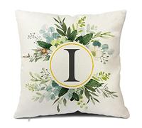Snylcee Monogram Letter I Throw Pillow Covers Floral 18x18 Inch, Greenery Spring Pillows Decorative Throw Pillows Pillowcase Summer Farmhouse Decor for Couch Sofa, Family Last Name Initial Pillow Case