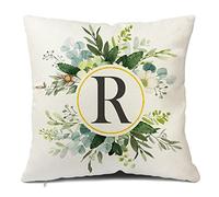 Snylcee Monogram Letter R Throw Pillow Covers Floral 18x18 Inch, Greenery Spring Pillows Decorative Throw Pillows Pillowcase Summer Farmhouse Decor for Couch Sofa, Family Last Name Initial Pillow Case