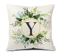 Snylcee Monogram Letter Y Throw Pillow Covers Floral 18x18 Inch, Greenery Spring Pillows Decorative Throw Pillows Pillowcase Summer Farmhouse Decor for Couch Sofa, Family Last Name Initial Pillow Case