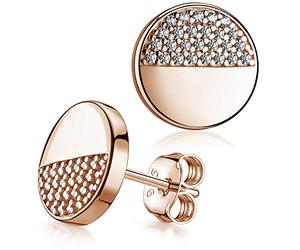 SO-452 Round Stud Earrings 925 Silver Cubic Zirconia Earrings 10 mm Flat for Women, 10 mm, Rose gold plated, Cubic Zirconia