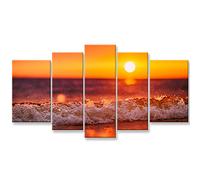 So Crazy Art - Sunset Seascape Wall Art Decor Red Ocean Beach Wave Canvas Painting Kitchen 5 Panel Modern Landscape Prints Pictures For Home Living Dining Room