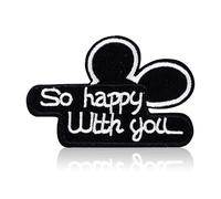 So Happy with You Patch, Cute Cartoon Mouse Ears Inspired Embroidered Iron On and Sew On Patch for Backpack Hoodie Jacket Hat Tote Bag, Romantic Minimalist Gift for Couples Best Friends Disney Fans