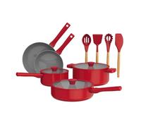 So Yummy by Bella 12 Piece Cookware Set w EverGood™ Ceramic Nonstick Coating and Silicone & Wood Utensils, Dishwasher Safe Silicone & Glass Lids, Oven Safe & All Stovetop Compatible, Red