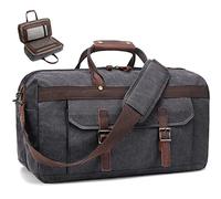 SOAEON Duffle Bag for Men & Women, Waterproof Genuine Leather & Canvas Travel Duffel, 4-Black, L, Classy Weekender Bag
