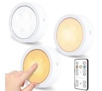 SOAIY 3 x Battery Adhesive LED Lights, LED Under Cabinet Light, Round LED Lights with Remote Control, Dimmable Night Light for Kitchen Furniture, Warm White/Neutral White/Cool White