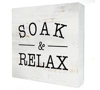 Soak & Relax Wood Box Sign Home Decor Rustic Bathroom Quote Wooden Box Sign Block Plaque for Wall Tabletop Desk Home Bathroom Decoration 5" x 5"