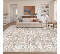 Soalmost 9x12 Washable Area Rugs for Living Room, Vintage Floral Stain Resistant Non-Slip Low Pile Neutral Rug Soft Throw Large Carpet for Dining Room Bedroom Farmhouse Home Office Light Brown