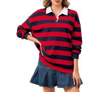 Soamat Women's Oversized Striped Polo Sweatshirt Long Sleeve Rugby Collared Pullover Tops Loose Fit Shirt, Red Blue, M