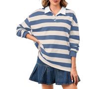 Soamat Women's Oversized Striped Polo Sweatshirt Long Sleeve Rugby Collared Pullover Tops Loose Fit Shirt, Blue White, Medium