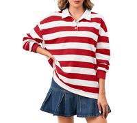 Soamat Women's Oversized Striped Polo Sweatshirt Long Sleeve Rugby Collared Pullover Tops Loose Fit Shirt, White Red, XL