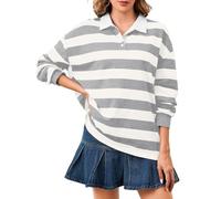 Soamat Women's Oversized Striped Polo Sweatshirt Long Sleeve Rugby Collared Pullover Tops Loose Fit Shirt, Grey White, S