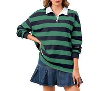Soamat Women's Oversized Striped Polo Sweatshirt Long Sleeve Rugby Collared Pullover Tops Loose Fit Shirt, Navy Green, Medium
