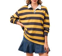 Soamat Women's Oversized Striped Polo Sweatshirt Long Sleeve Rugby Collared Pullover Tops Loose Fit Shirt, Yellow Grey, S