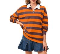 Soamat Women's Oversized Striped Polo Sweatshirt Long Sleeve Rugby Collared Pullover Tops Loose Fit Shirt, Orange Grey, L