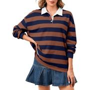 Soamat Women's Oversized Striped Polo Sweatshirt Long Sleeve Rugby Collared Pullover Tops Loose Fit Shirt
