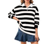 Soamat Women's Oversized Striped Polo Sweatshirt Long Sleeve Rugby Collared Pullover Tops Loose Fit Shirt, Black White, M