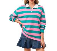 Soamat Women's Oversized Striped Polo Sweatshirt Long Sleeve Rugby Collared Pullover Tops Loose Fit Shirt, Pink Green, M