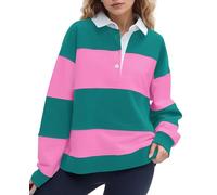Soamat Womens Striped Color Block Polo Sweatshirt Rugby Shirt Oversized Long Sleeve Lapel Corllared Pullover Blouses, Pink Green, Medium