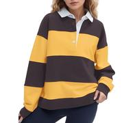 Soamat Womens Striped Color Block Polo Sweatshirt Rugby Shirt Oversized Long Sleeve Lapel Corllared Pullover Shirt, Yellow Grey, Large
