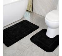 SOANNY Black Bath Mat Set of 2, High Density Soft Microfiber Non-Slip Bathroom Mats with Water Absorbent, 53x86 cm Bathtub Rug & 50x50 cm Toilet Pedestal Carpet, Shower Rugs Machine Washable