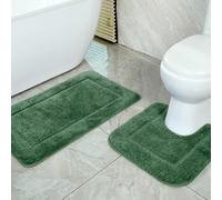 SOANNY Dark Green Bath Mat Set of 2, High Density Soft Microfiber Non-Slip Bathroom Mats with Water Absorbent, 53x86 cm Bathtub Rug & 50x50 cm Toilet Pedestal Carpet, Decor Rugs Machine Washable