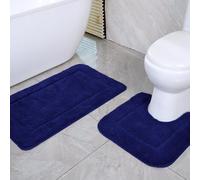 SOANNY Navy Blue Bath Mat Set of 2, High Density Soft Microfiber Non-Slip Bathroom Mats with Water Absorbent, 53x86 cm Bathtub Decor Rug & 50x50 cm Toilet Pedestal Carpet, Machine Washable