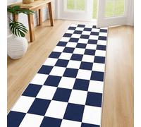 SOANNY Runner Rug for Hallway, 60x180cm Checkered Carpet, Soft Low Pile, Non-Slip, Washable, Modern Geometric Area Mat for Kitchen Entryway Floor Living Room Bedroom Front Door, Navy & White
