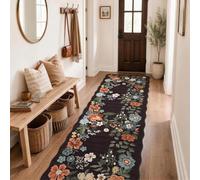 SOANNY Runner Rug, Low Pile Washable Non Slip, 80x240cm, Midnight Black | Floral, Scalloped Carpet, Soft Boho, Stain Resistant, Hallway Entryway Kitchen Bedroom Living Room Office Hall Area Mat