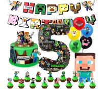 Soanwind 5th Gaming Birthday Decorations: Happy Birthday Banner, 6 Balloons, 32in Number 5 Foil Balloon, 16 Cake Toppers - Cartoon Theme for Boy's Birthday Party