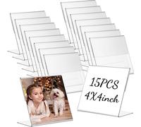 Soaoo 15 Pcs Acrylic Photo Frames 4 x 4 Inch Clear Picture Frames Slant Back Plastic Booth L Shaped Photo Stand Horizontal Small Sign Holder Name Display Stand with Insert for Home Office