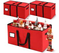 Soaoo 3 Pcs Christmas Nutcracker Storage Box 600d Canvas Christmas Figurine Collectible Storage Box Keeps 24 Holiday Figurines with Lids Handles for Santa Figure or Nutcracker Ornaments(Red)