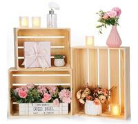 Soaoo 3 Pcs Decorative Nesting Wooden Crates for Storage Display, 3 Sizes Rustic Wood Decorative Storage Crates with Handle Farmhouse Crate Box Container(Light Wood Color)