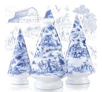 Soaoo 3 Pcs French Country Style Christmas Tree Ceramic Figurine Blue and White Christmas Tree Decor Chinoiserie Porcelain Mini Chic Ceramic for Village(Concise Style,8.7, 10.6, 12.6 Inch)