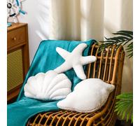 Soaoo 3 Pcs White Starfish Snail Shell Sea Pillows 11.8 Inch Ocean Themed Decorative Throw for Sofa Bed Couch Stuffed Beach Marine Organism Shaped Pillow Cute Coastal Decor Cushion for Bedroom