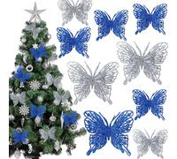 Soaoo 40 Pieces Butterfly Ornaments with Clip 5.5x3.5 Inch Christmas Tree Butterfly Decorations Blue Silver Christmas Ornaments Artificial Hanging Silver Butterflies Christmas Tree