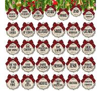 Soaoo 50 Pcs Names of Jesus Ornaments 3 Inch Christmas Religious Decoration Christ Ornaments Christmas Wood Hanging Decoration with Savior Names and Red Buffalo Plaid Bows Decor (Classic Color)